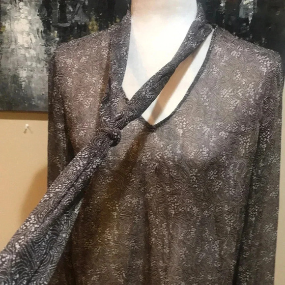 Elegant Sheer Brown Floral Blouse with Tie at Neckline - Picture 6 of 6